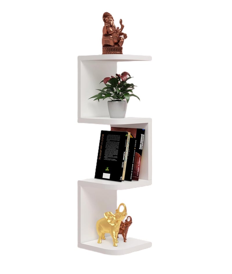 Captiver Morplus Engineered Wood Wall Mounted Zig Zag Corner Shelf Tier 4 White Living Room Office Storage Furniture Multipurpose Books Bamboo Bookshelf Cupboards