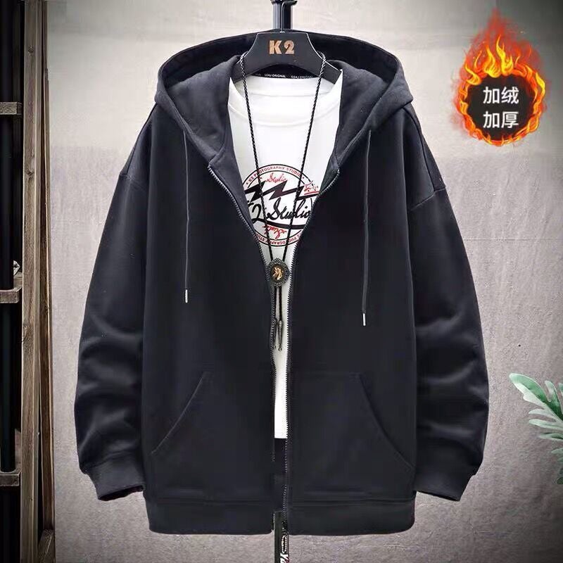 2023 Mens Oversized Fleece Hoodie Korean Trend Black [fleece-lined]]  - Image 1