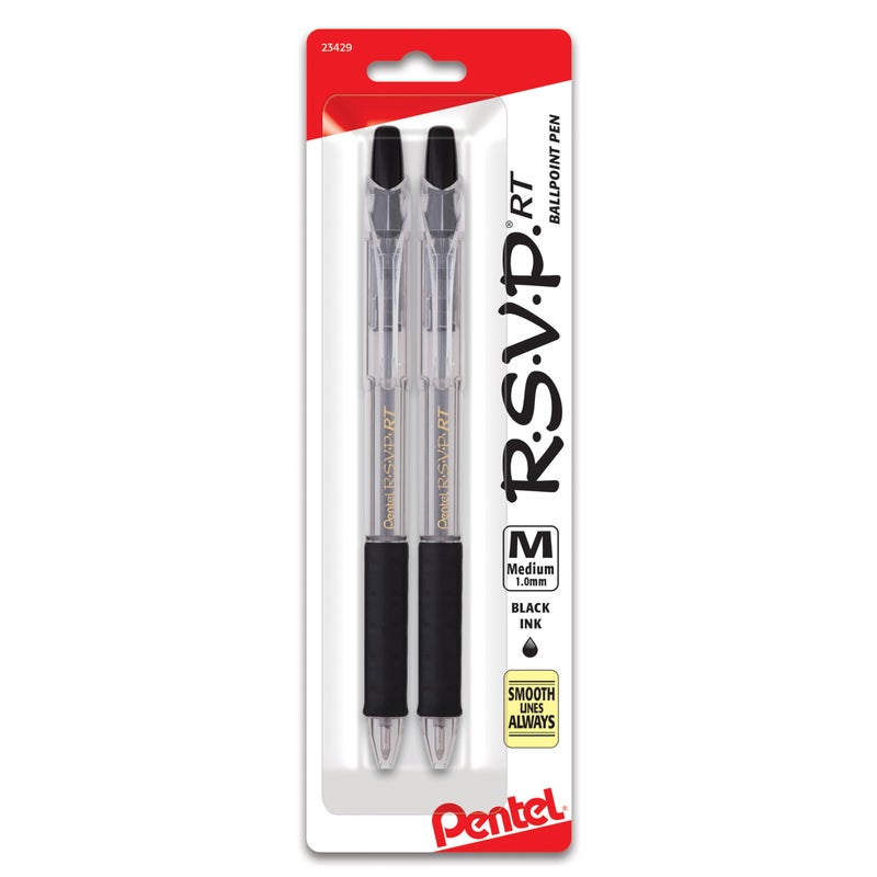 Pentel قلم حبر جاف قابل للسحب من بنتل R.S.V.P. RT، خط متوسط، حبر أسود، عبوة 2 (BK93BP2A) - Image 1