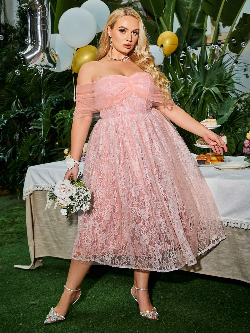 Simplee Women Plus Size Off Shoulder Tulle Sleeve Twist Bust Floral Lace A Line Midi Party Dress For Birthday Wedding Guest Event