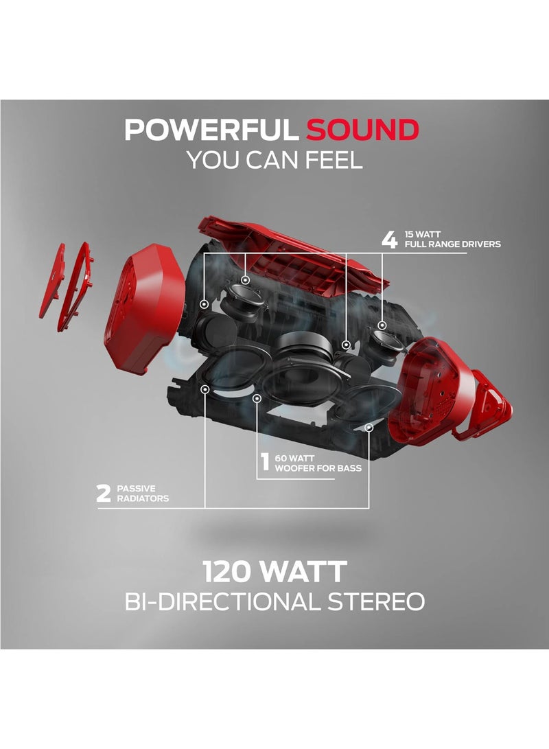 Monster Blaster 3.0 Portable Wireless Bluetooth Speaker, 120W Rechargeable Wireless Boombox, USB Charge Out, IPX5 Water Resistant - Red - Image 2