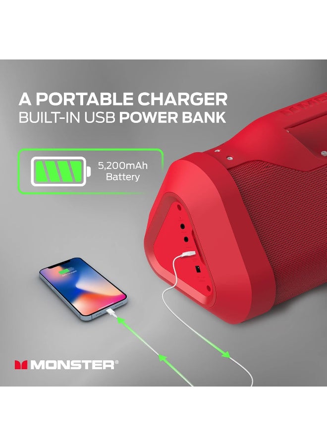 Monster Blaster 3.0 Portable Wireless Bluetooth Speaker, 120W Rechargeable Wireless Boombox, USB Charge Out, IPX5 Water Resistant - Red - Image 5
