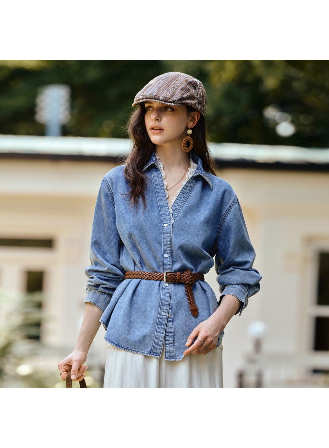 Olrain French Style Denim Shirt For Women Autumn New Lapel Patchwork Lace Top Blue XL - Image 1