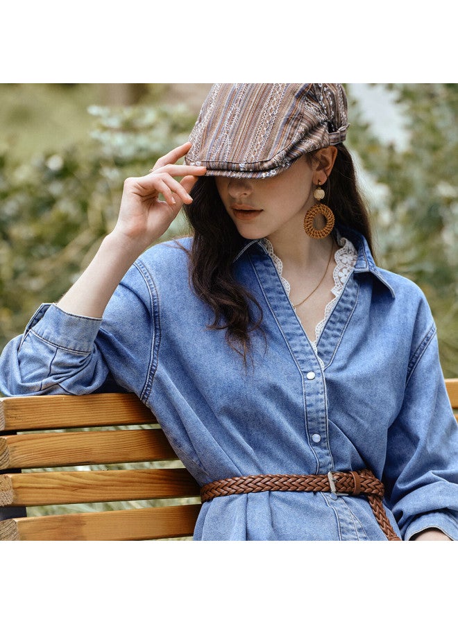 Olrain French Style Denim Shirt For Women Autumn New Lapel Patchwork Lace Top Blue XL - Image 2