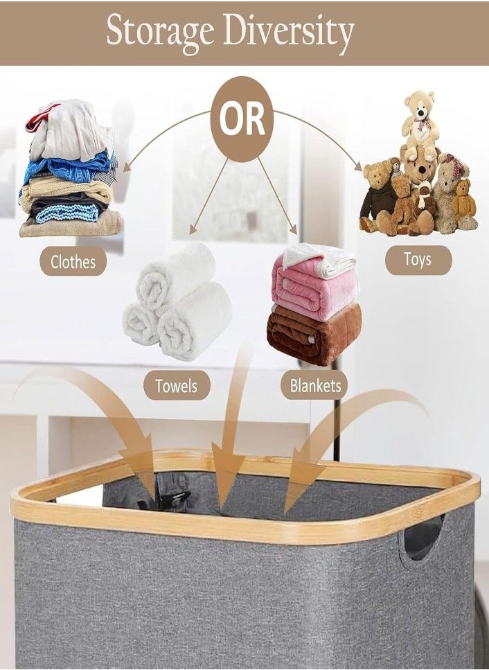 XVersion Laundry Basket  with 3 Compartments, Lid, Bamboo Handles & Removable Washable Bags - Foldable, Beige, Large Capacity for Sorting Clothes, Toys, and Duvets Gray  - Image 5