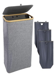 XVersion Laundry Basket  with 3 Compartments, Lid, Bamboo Handles & Removable Washable Bags - Foldable, Beige, Large Capacity for Sorting Clothes, Toys, and Duvets Gray  - Image 1