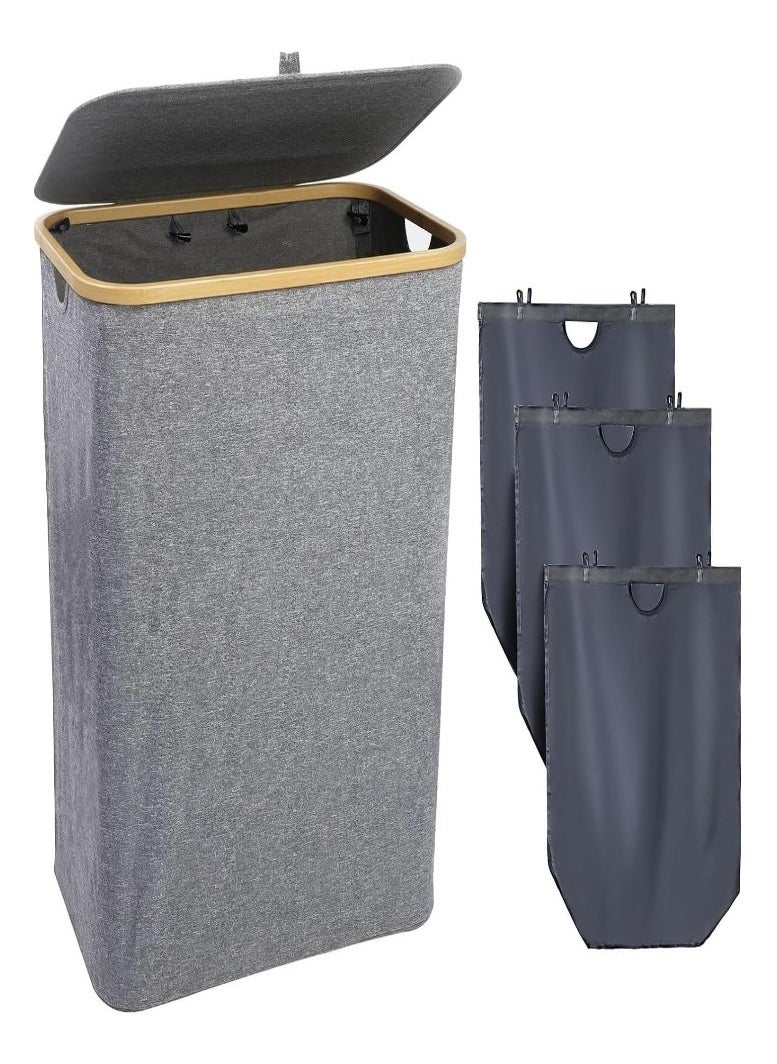 XVersion Laundry Basket  with 3 Compartments, Lid, Bamboo Handles & Removable Washable Bags - Foldable, Beige, Large Capacity for Sorting Clothes, Toys, and Duvets Gray  - Image 1