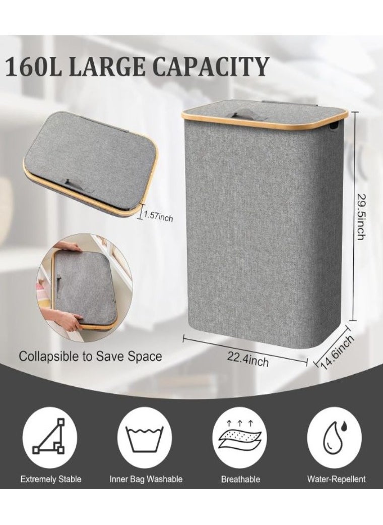 XVersion Laundry Basket with Bag XVersion 160L Large Collapsible Laundry Bucket with 3 Removable Inner Bags,Slim Multi Organizer Clothes Storage Washing Basket for Home/Bedroom (Grey)  - Image 2