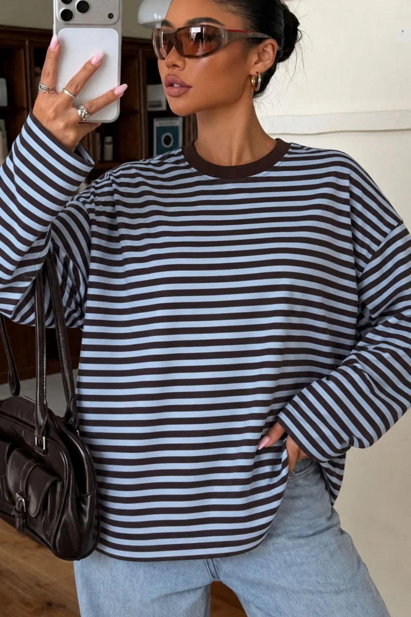 Bipantolon BIPANTOLON Women's Oversized Striped Crew Neck Sweatshirt