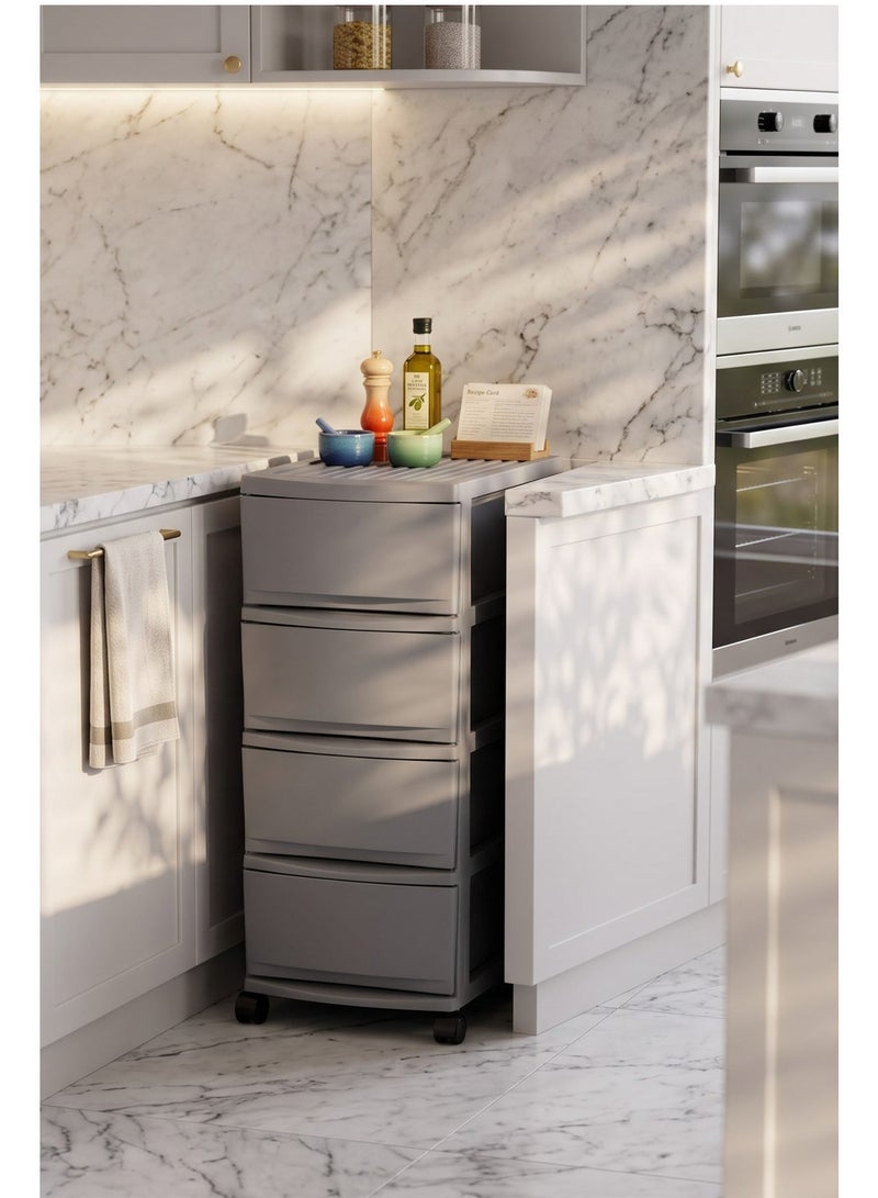 Marcolo 4-Layer Plastic Storage Drawer Cabinet with Wheels – 4 Spacious Pull-Out Drawers – Multi-Purpose Organizer for Clothes, Toys, Office & Home – Grey - Image 1