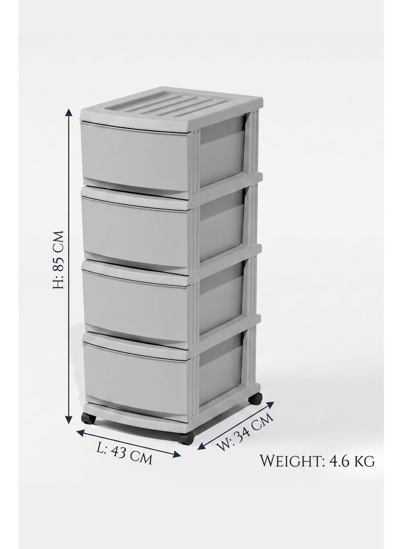 Marcolo 4-Layer Plastic Storage Drawer Cabinet with Wheels – 4 Spacious Pull-Out Drawers – Multi-Purpose Organizer for Clothes, Toys, Office & Home – Grey - Image 3