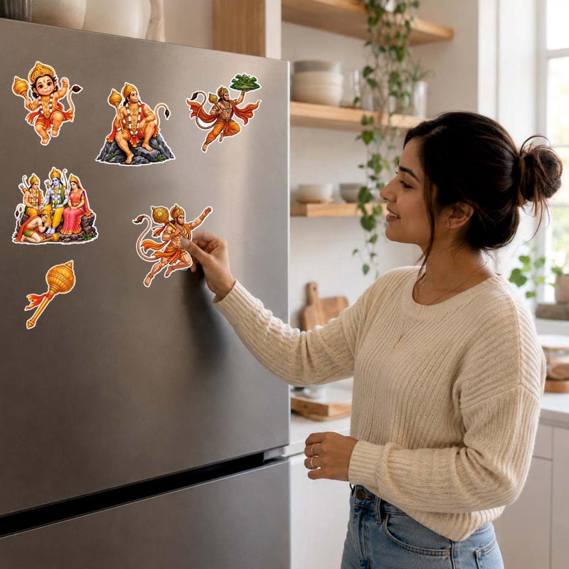 TodFod Hanumanji Fridge Magnet Combo Set of 6 | Cartoon Style Lord Hanuman in Different Poses (Sanjeevani Mountain, Weapons, Group) | Hindu Mythology Spiritual Decor | 7.62 cm (3 Inch) - Image 5
