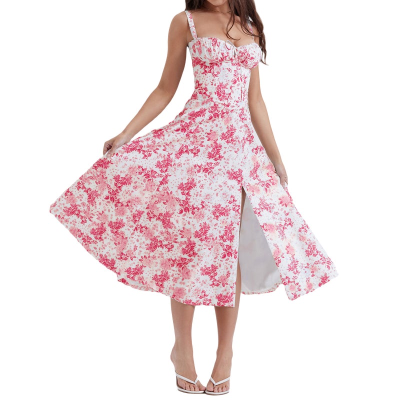 Summer French Style Slim A-Line Split Slip Dress Safflower 