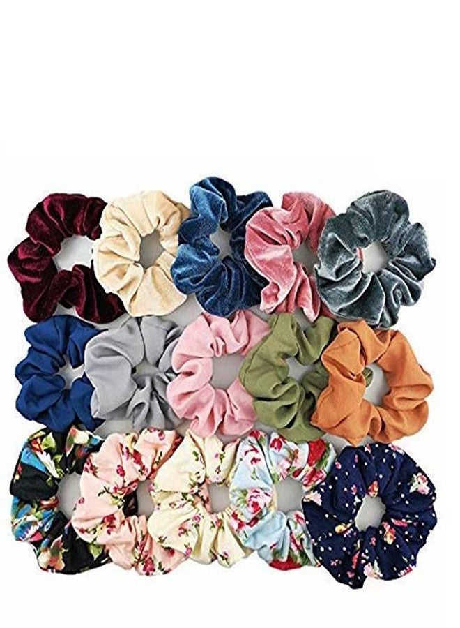DIAN Multicolor Pack of 15 Hair Scrunchies, Hair Ponytail Holder, Hair Tie, Hair Bow, Hair Bands in Satin Solid, Velvet Fabric & Printed for Girl, Teens and Women - Image 1