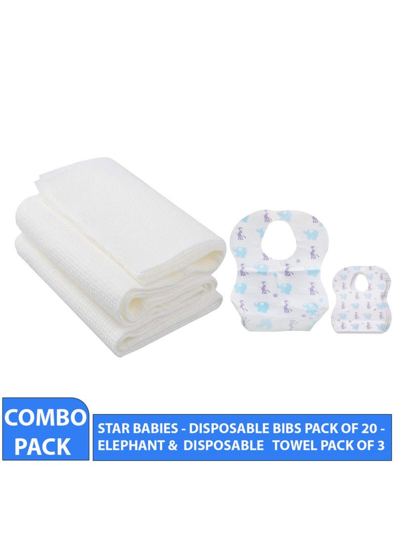 STAR BABiES Combo Pack Disposable Bibs Pack Of 20 With Disposable Towel Pack Of 3 Elephant - Image 2