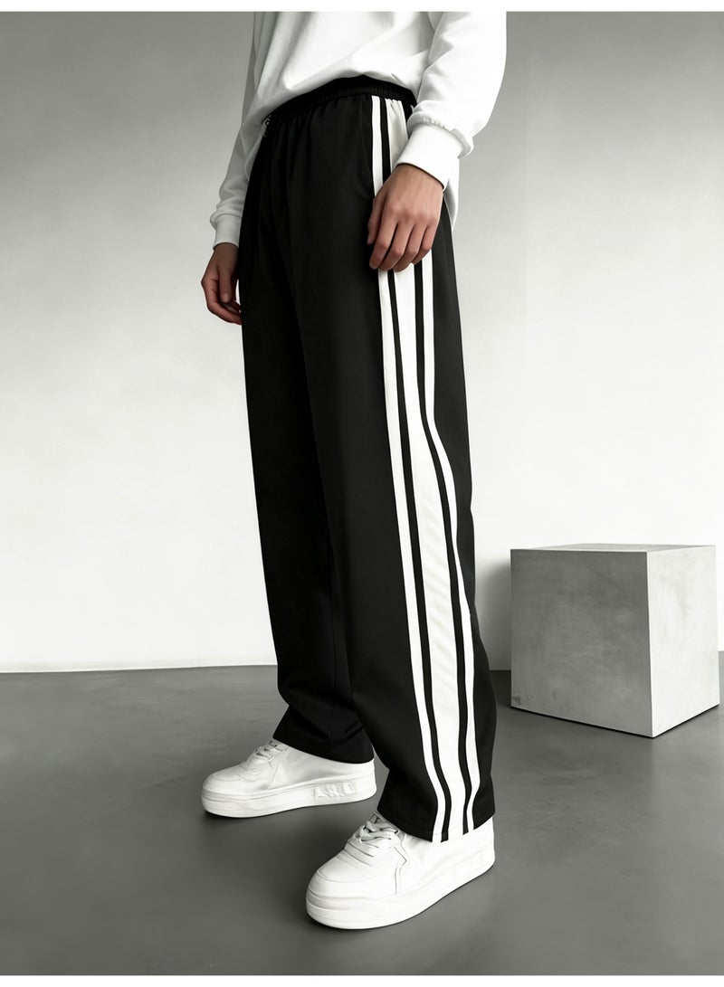 Men's Black Three Stripe Wide Leg Pants Loose Fit Drawstring Casual Trousers - Image 1