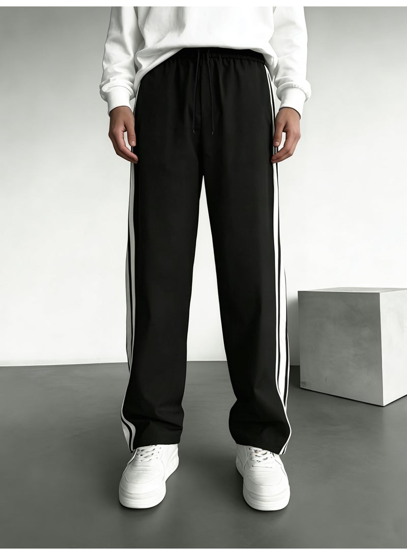 Men's Black Three Stripe Wide Leg Pants Loose Fit Drawstring Casual Trousers - Image 3