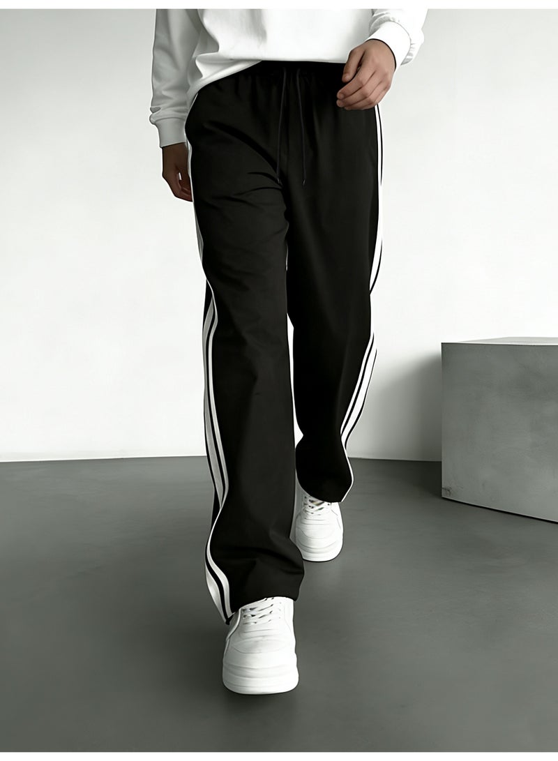 Men's Black Three Stripe Wide Leg Pants Loose Fit Drawstring Casual Trousers - Image 2