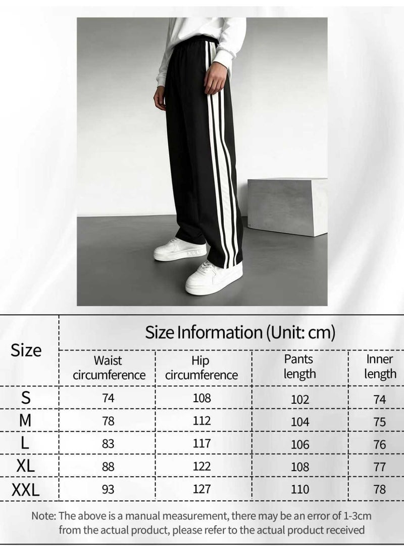 Men's Black Three Stripe Wide Leg Pants Loose Fit Drawstring Casual Trousers - Image 4