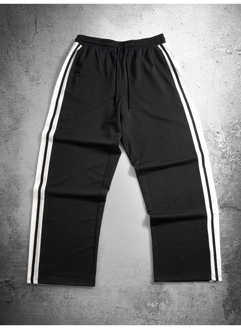 Men's Black Three Stripe Wide Leg Pants Loose Fit Drawstring Casual Trousers - Image 5
