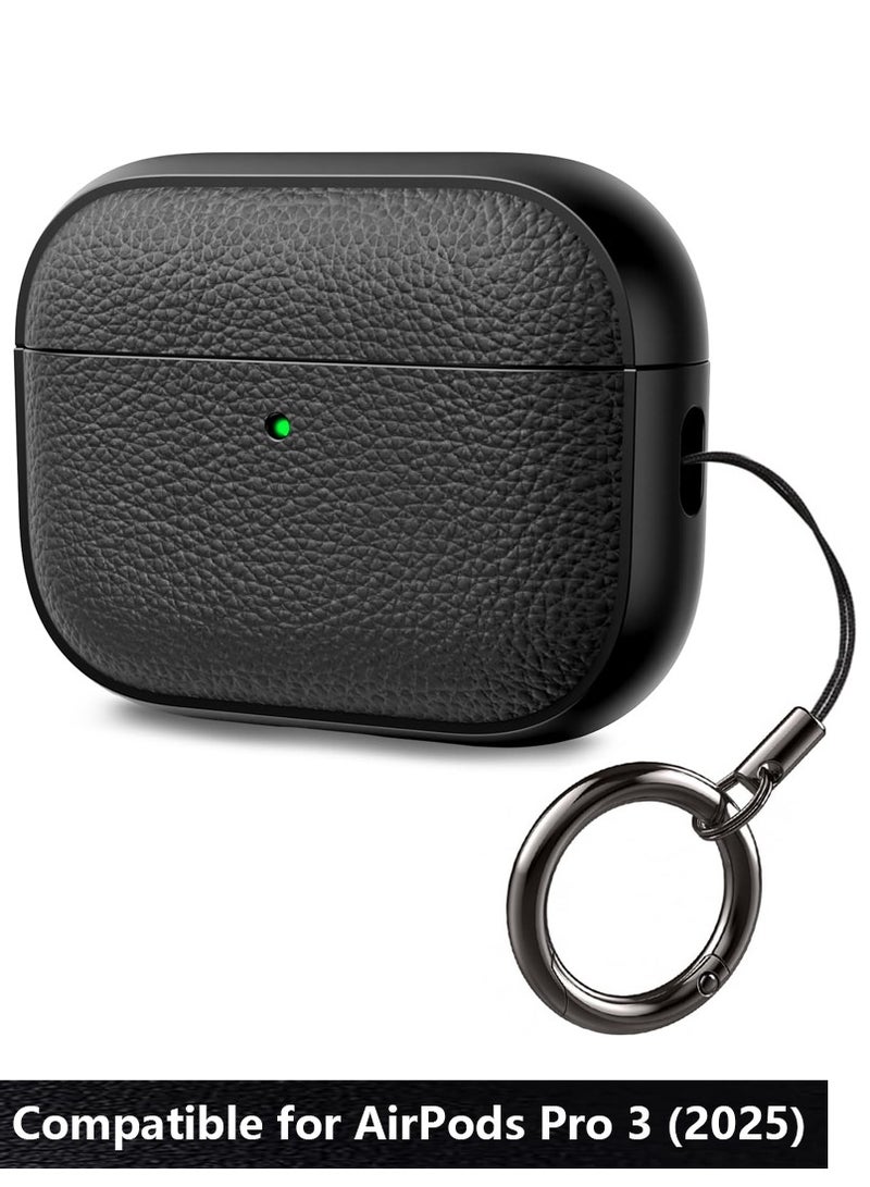 صحرمارت حافظة لجهاز AirPods Pro الجيل الثالث، متوافقة مع AirPods Pro الجيل الثالث (2025)، غطاء حماية من السقوط مع سلسلة مفاتيح، جلد صناعي ليتشي، حافظة TPU واقية مقاومة للصدمات (أسود) - Image 1
