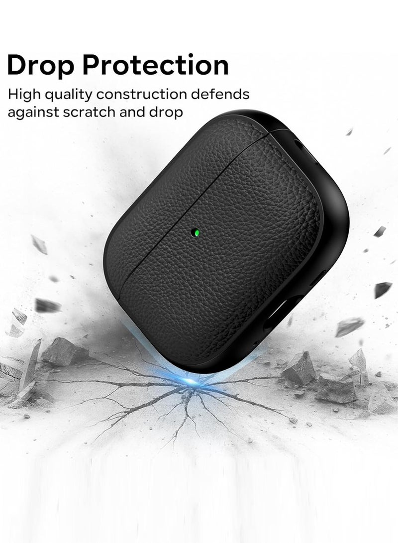 صحرمارت حافظة لجهاز AirPods Pro الجيل الثالث، متوافقة مع AirPods Pro الجيل الثالث (2025)، غطاء حماية من السقوط مع سلسلة مفاتيح، جلد صناعي ليتشي، حافظة TPU واقية مقاومة للصدمات (أسود) - Image 2