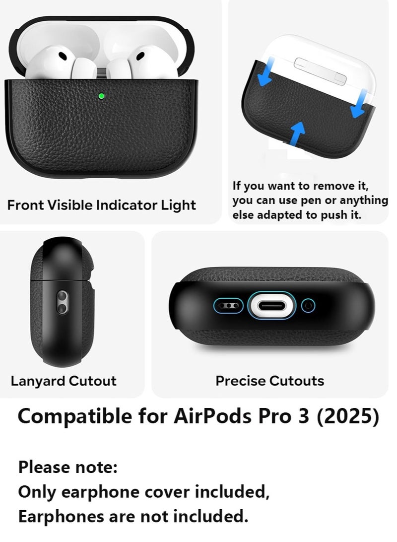 صحرمارت حافظة لجهاز AirPods Pro الجيل الثالث، متوافقة مع AirPods Pro الجيل الثالث (2025)، غطاء حماية من السقوط مع سلسلة مفاتيح، جلد صناعي ليتشي، حافظة TPU واقية مقاومة للصدمات (أسود) - Image 4