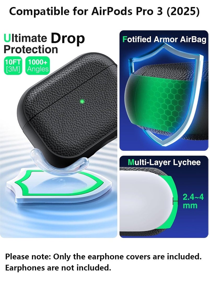 صحرمارت حافظة لجهاز AirPods Pro الجيل الثالث، متوافقة مع AirPods Pro الجيل الثالث (2025)، غطاء حماية من السقوط مع سلسلة مفاتيح، جلد صناعي ليتشي، حافظة TPU واقية مقاومة للصدمات (أسود) - Image 5