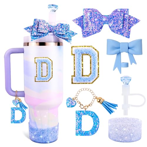 Lingdeer Blue Cup Accessories Set for Stanley 30OZ & 40OZ Tumbler with Handle, Letter Charms, Bow & Diamond Straw Covers, Glitter Silicone Boot, Personalized Sticker for Stanley Cup Accessories (D) - Image 1