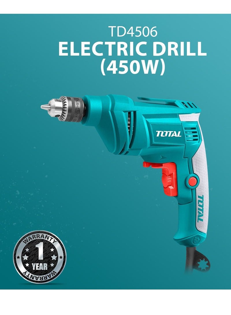 TOTAL TOTAL Premium Quality 450W Electric Drilling machine (Wired) 220-240V / 450W / no load speed 0-4300/min, 6.5mm drilling speed in steel and 20 mm in Wood. - TD4506-80 - Image 1