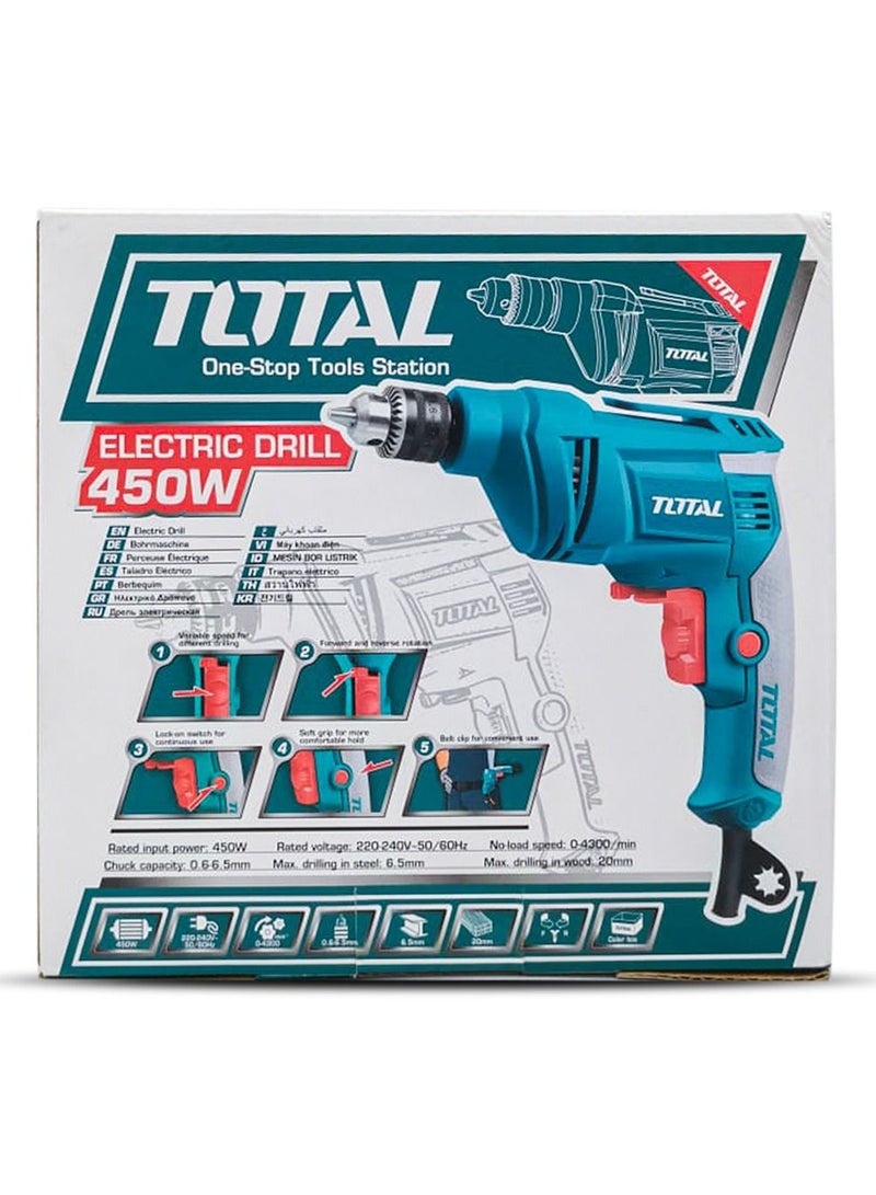 TOTAL TOTAL Premium Quality 450W Electric Drilling machine (Wired) 220-240V / 450W / no load speed 0-4300/min, 6.5mm drilling speed in steel and 20 mm in Wood. - TD4506-80 - Image 2