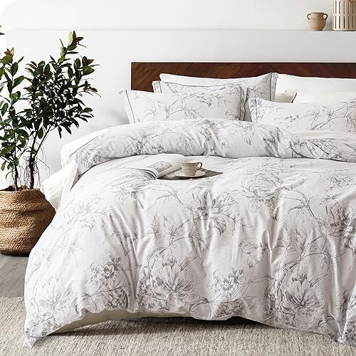 ALEISSEL 100 Natural Cotton 2pcs Floral Duvet Cover Sets Grayish White Duvet Cover with Gray Luxurious Flowers Branches PatternBotanical Comforter Cover Sets with Button ClosureTwin1 Pillowsham - Image 1