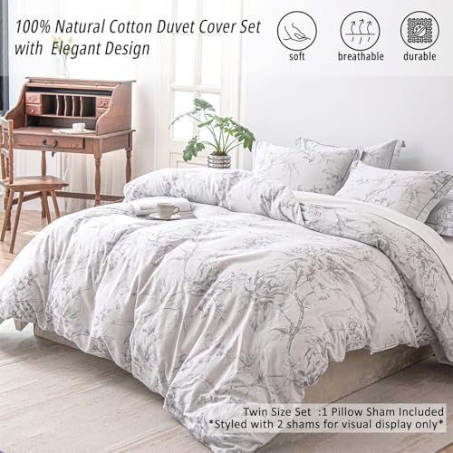 ALEISSEL 100 Natural Cotton 2pcs Floral Duvet Cover Sets Grayish White Duvet Cover with Gray Luxurious Flowers Branches PatternBotanical Comforter Cover Sets with Button ClosureTwin1 Pillowsham - Image 3