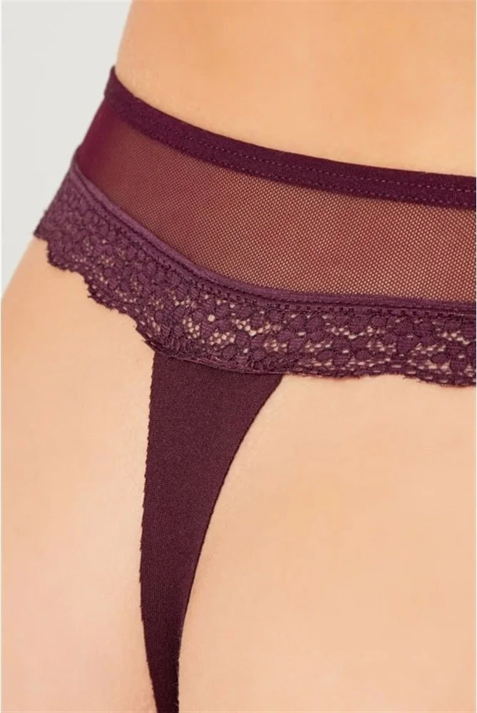 كوتن هيل Tulle and Lace Detailed Thong Panties-Plum