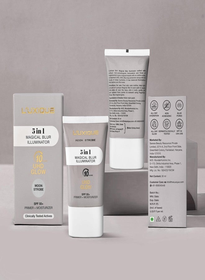 Luxique 5 in 1 Magical Blur Illuminator Moon Strobe | SPF 50+ Primer, Moisturizer & Highlighter | Blurs Pores, UHD Glow Up to 10 Hours | Non-Acnegenic | 30 ml - Image 4