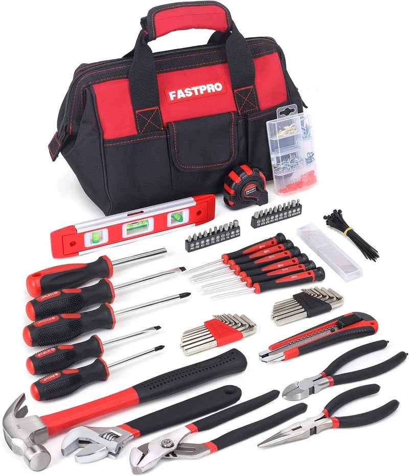 FASTPRO 215-Piece Home Repairing Tool Set with 12-Inch Wide Mouth Open Storage Bag,Household Hand Tool Kit,Red - Image 1