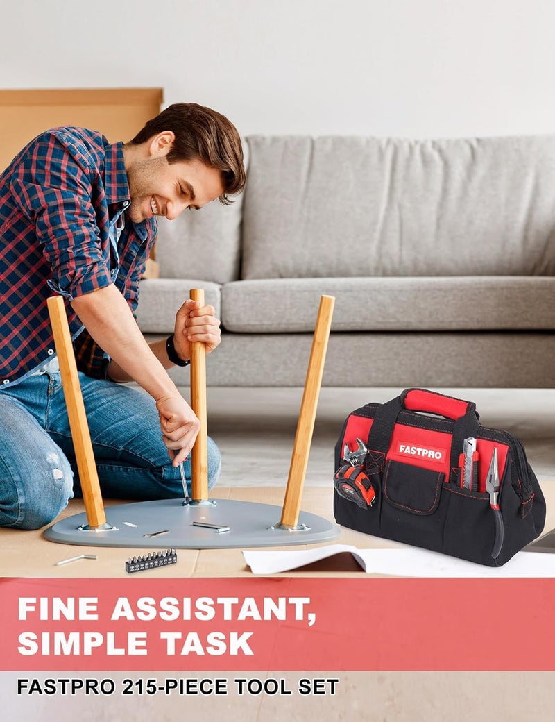 FASTPRO 215-Piece Home Repairing Tool Set with 12-Inch Wide Mouth Open Storage Bag,Household Hand Tool Kit,Red - Image 3