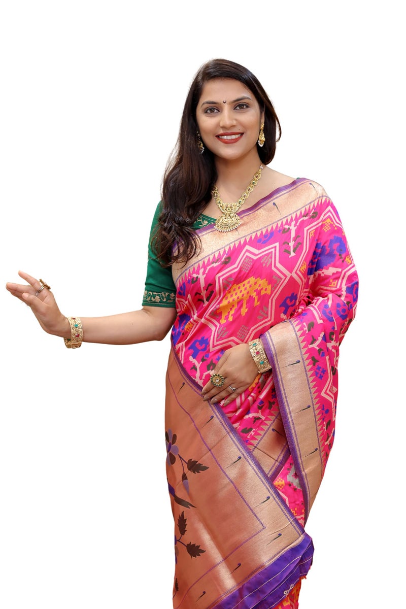 AMIRAT Paithani Patola Silk Beautiful saree For Women | Woven Zari Saree With Blouse Piece (Pink) - Image 1