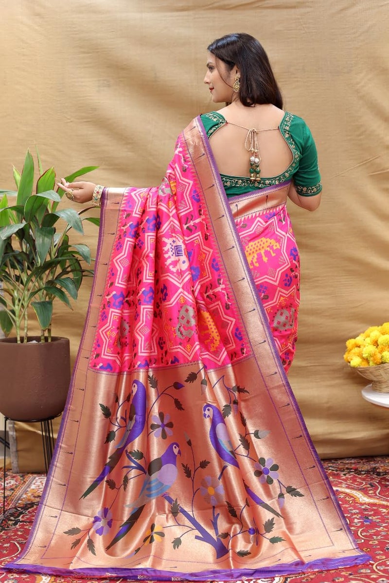 AMIRAT Paithani Patola Silk Beautiful saree For Women | Woven Zari Saree With Blouse Piece (Pink) - Image 5