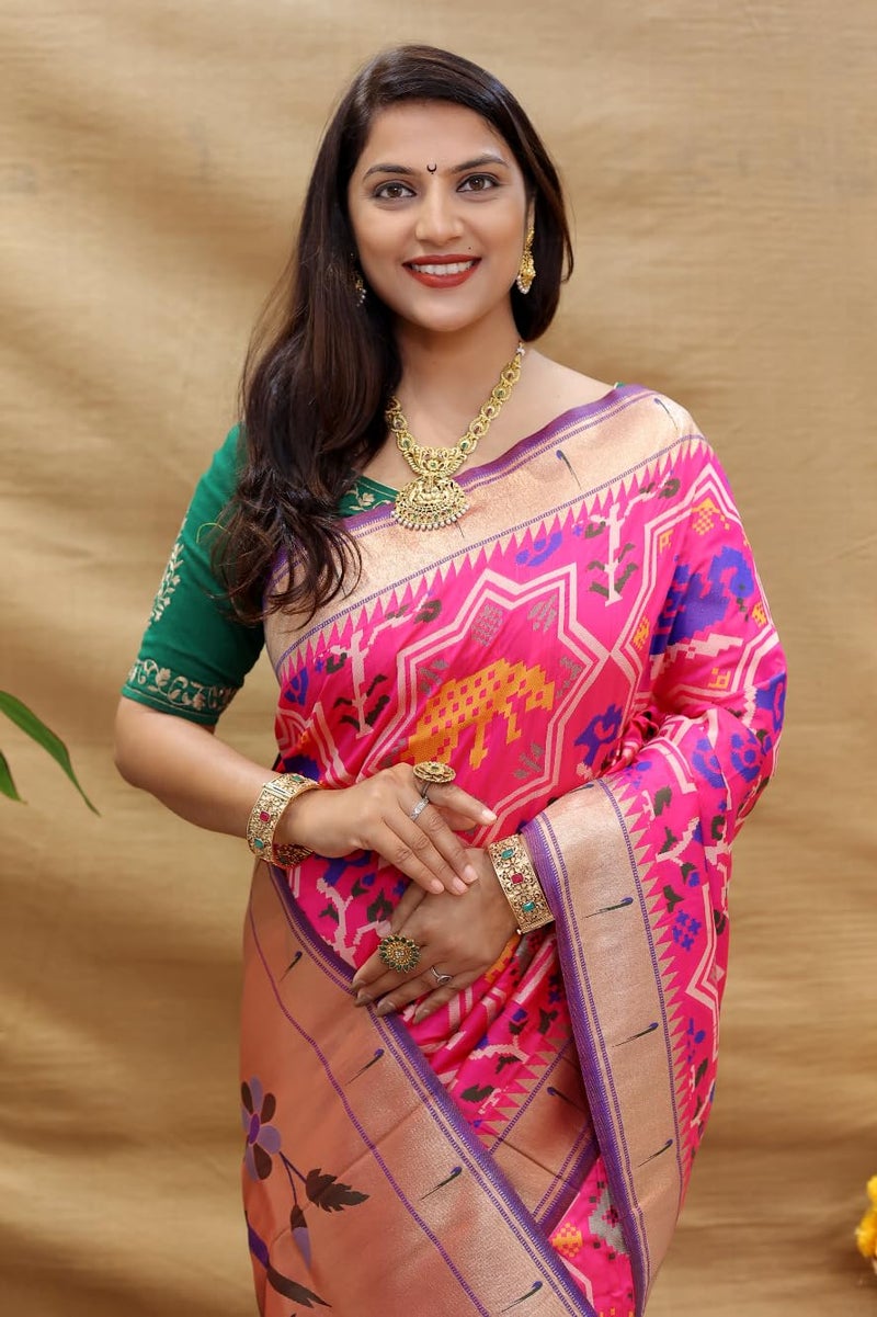 AMIRAT Paithani Patola Silk Beautiful saree For Women | Woven Zari Saree With Blouse Piece (Pink) - Image 4
