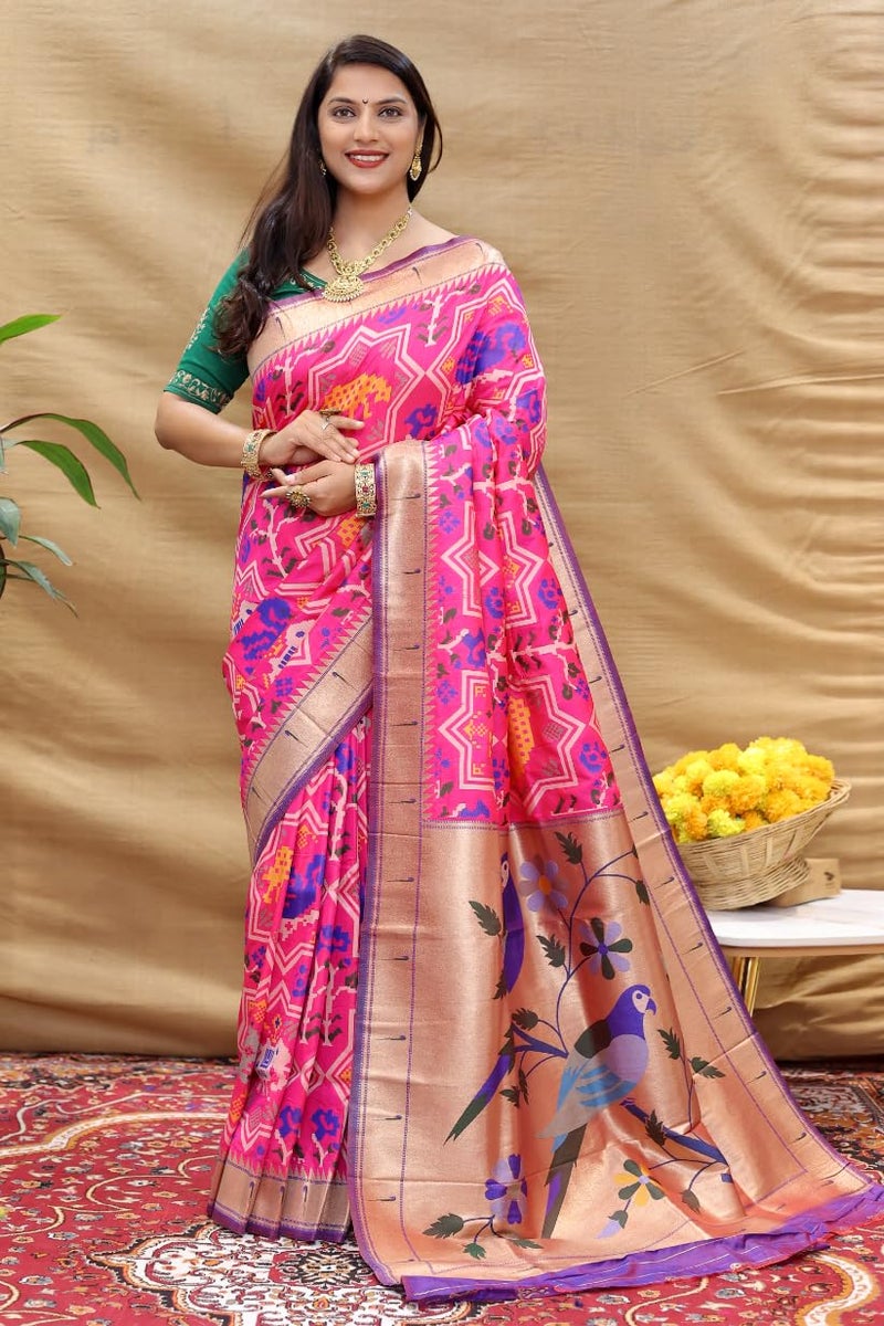 AMIRAT Paithani Patola Silk Beautiful saree For Women | Woven Zari Saree With Blouse Piece (Pink) - Image 2