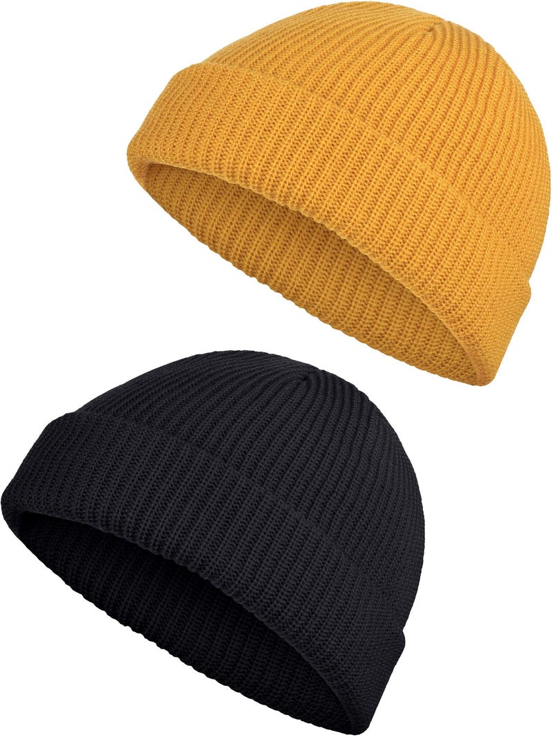 SATINIOR 2 Pieces Winter Short Fisherman Beanie Hat Trawler Beanie Watch Hat Edge Skullcap for Men (Black and Yellow) - Image 1
