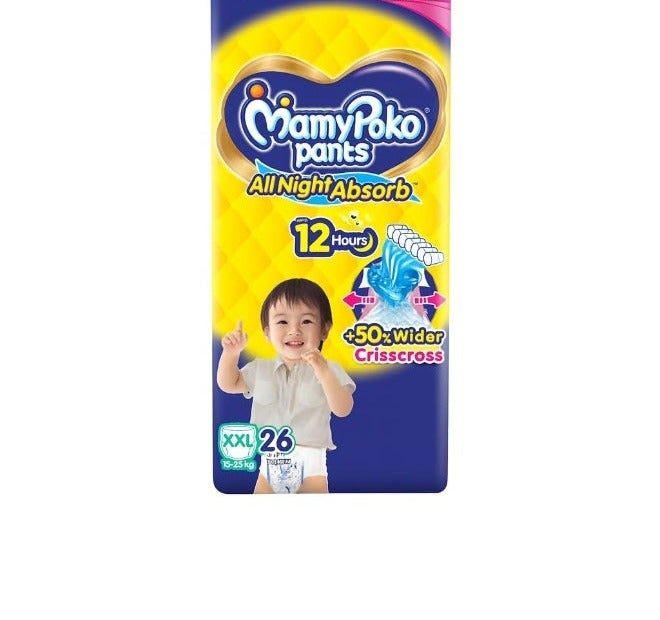 MamyPoko Pants All Night Absorb|Pant Style Baby Diapers XX- Large Size(XXL),26 Count, For 15-25 Kgs|+50% Wider And Repeated Absorption For All night 12hr Protection From Leakage,Prevents Heaviness