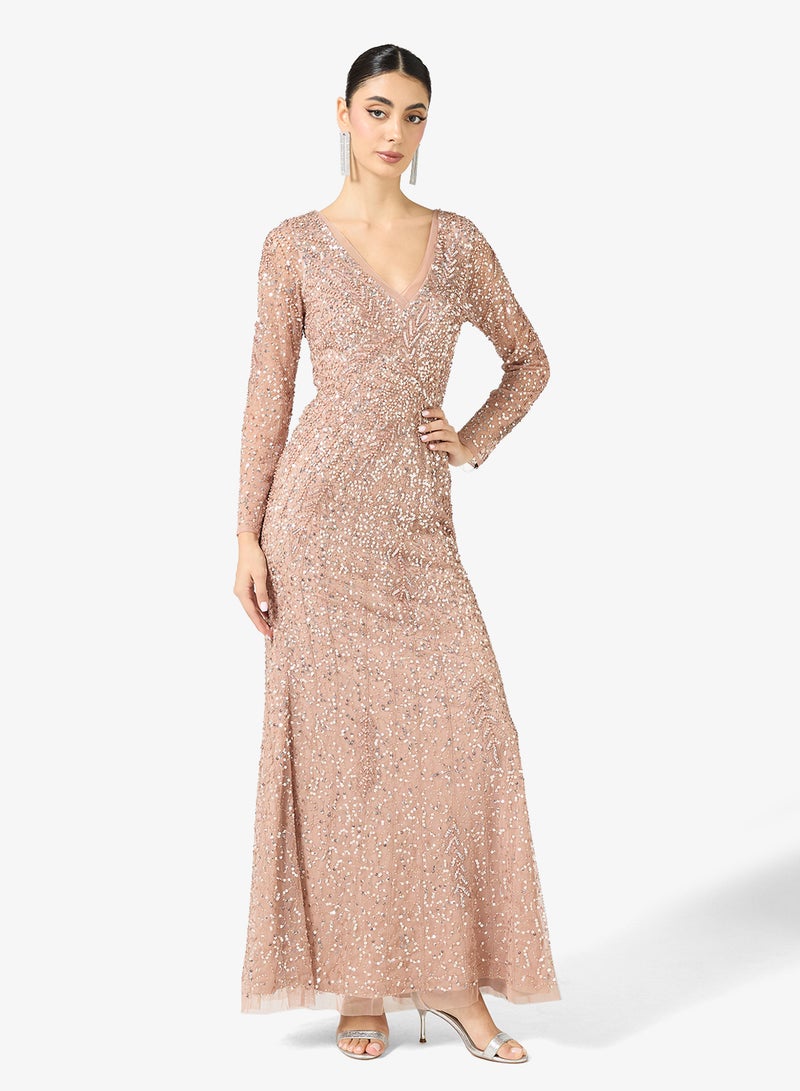 Adrianna Papell Long Sleeve Bead Long Dress - Image 1