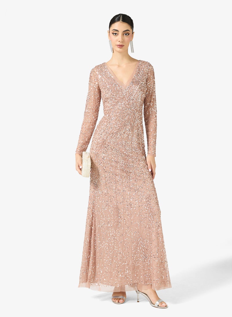 Adrianna Papell Long Sleeve Bead Long Dress - Image 4