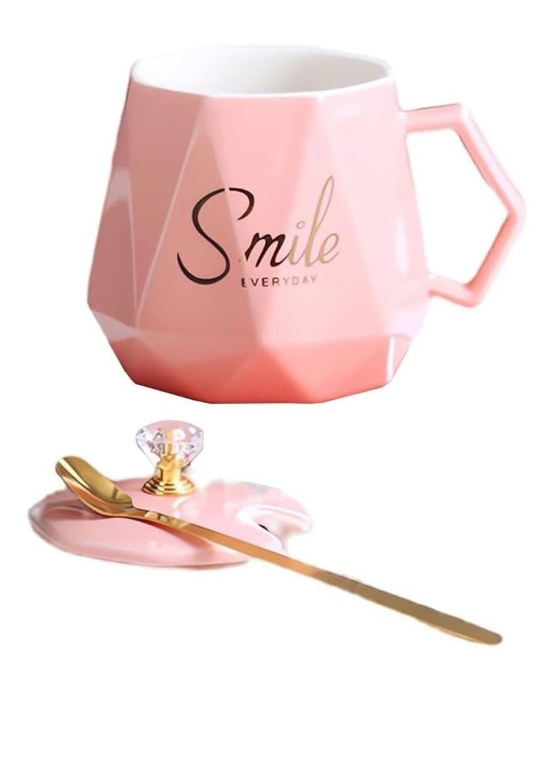 UKR - UKR Smile Premium Ceramic Tea & Coffee Mug with Spoon and Lid – Stylish Pink Water Cup for Office & Home | Elegant Ceramic Mug for Hot Drinks, Tea, Coffee & More - Image 1