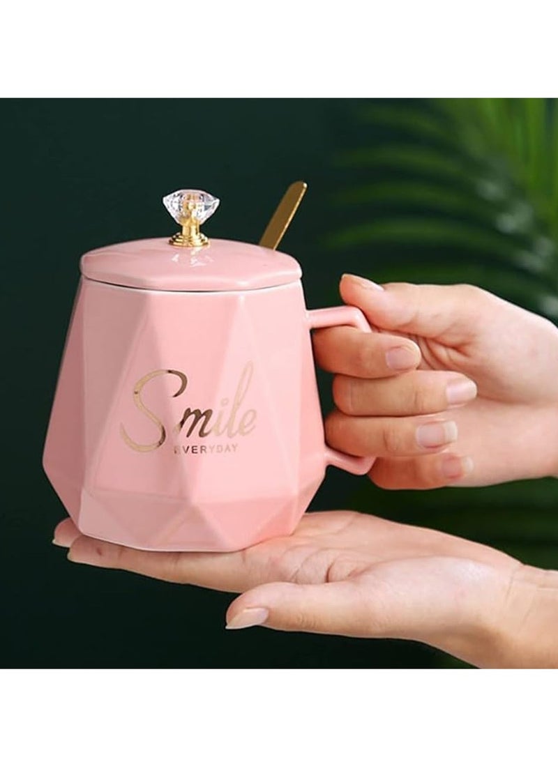 UKR - UKR Smile Premium Ceramic Tea & Coffee Mug with Spoon and Lid – Stylish Pink Water Cup for Office & Home | Elegant Ceramic Mug for Hot Drinks, Tea, Coffee & More - Image 1