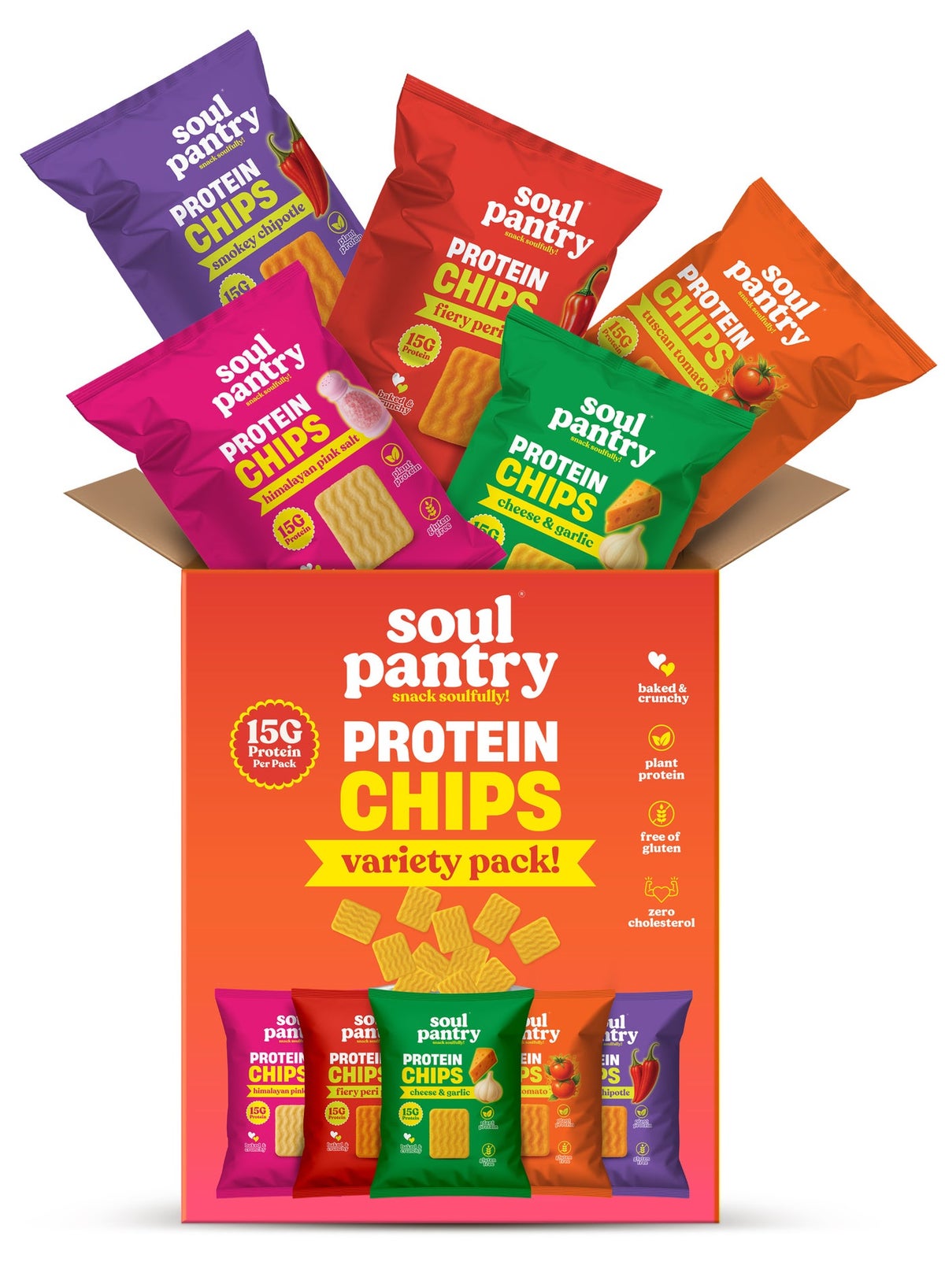 Protein Classics Chips Variety Box, 10 Packs, Gluten Free, Baked Chips Smokey Chipotle, Tuscan Tomato, Peri Peri, Cheese & Garlic, Himalayan Pink Salt. Healthy Snacks & Gluten Free