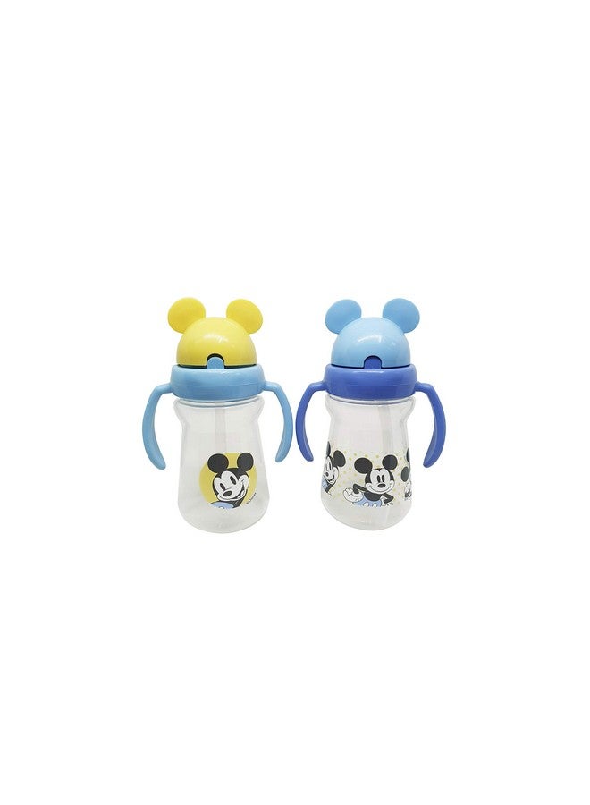 Disney Cudlie Mickey Mouse Baby Girl 2 Pack of 6 Oz Sippers Handles Pop Up Straw Character Molded Lid in Yellow & Blue - Image 2