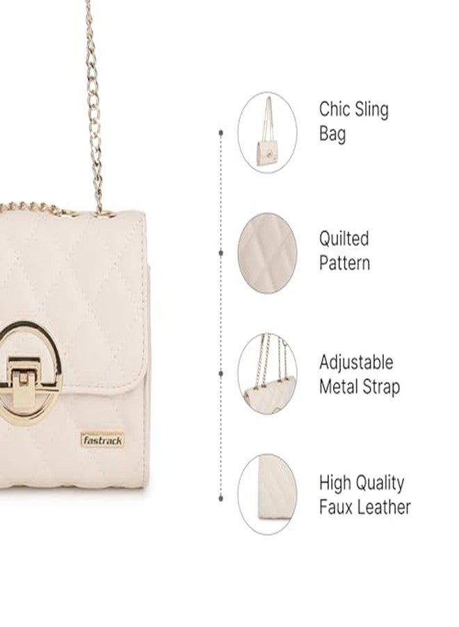 fastrack Beige Quilted Sling Bag for Women | Faux Leather Crossbody with Adjustable Metal Strap, Button Closure & Spacious Main Compartment | Stylish Everyday Sling for Casual Outings & Work Days - Image 4